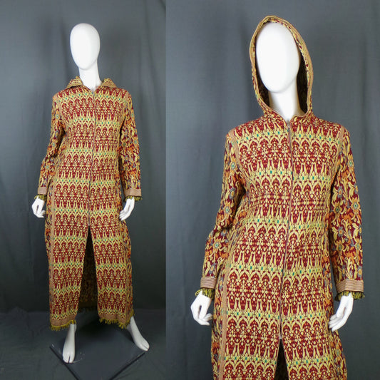 1960s Gold Red Hooded Long Tapestry Vintage Coat