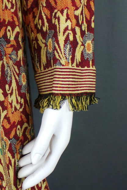 1960s Gold Red Hooded Long Tapestry Coat | L