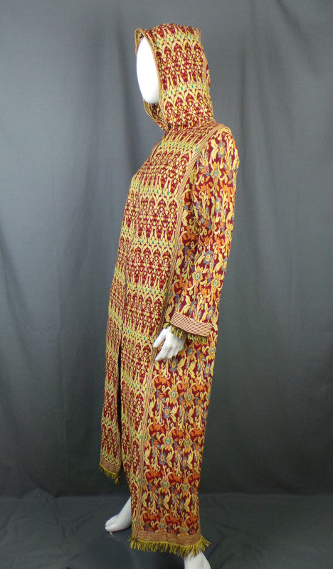 1960s Rich Gold and Red Hooded Long Tapestry Coat, 41in Bust