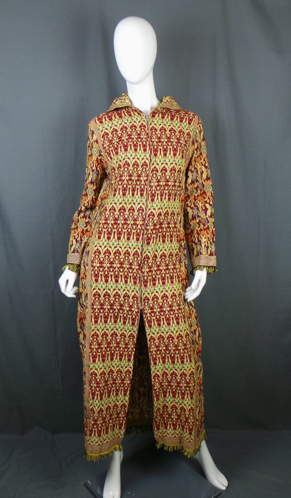 1960s Gold Red Hooded Long Tapestry Vintage Coat