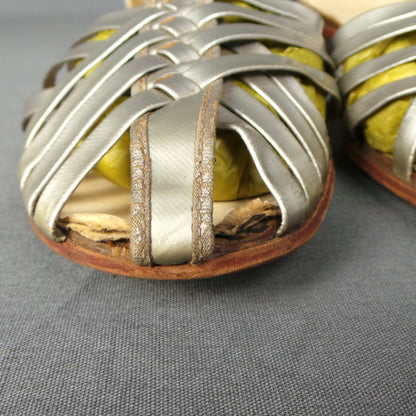 1950s Metallic Silver Flat T-Bar Cross Strap Dance Sandals, by Dolcis | UK 5
