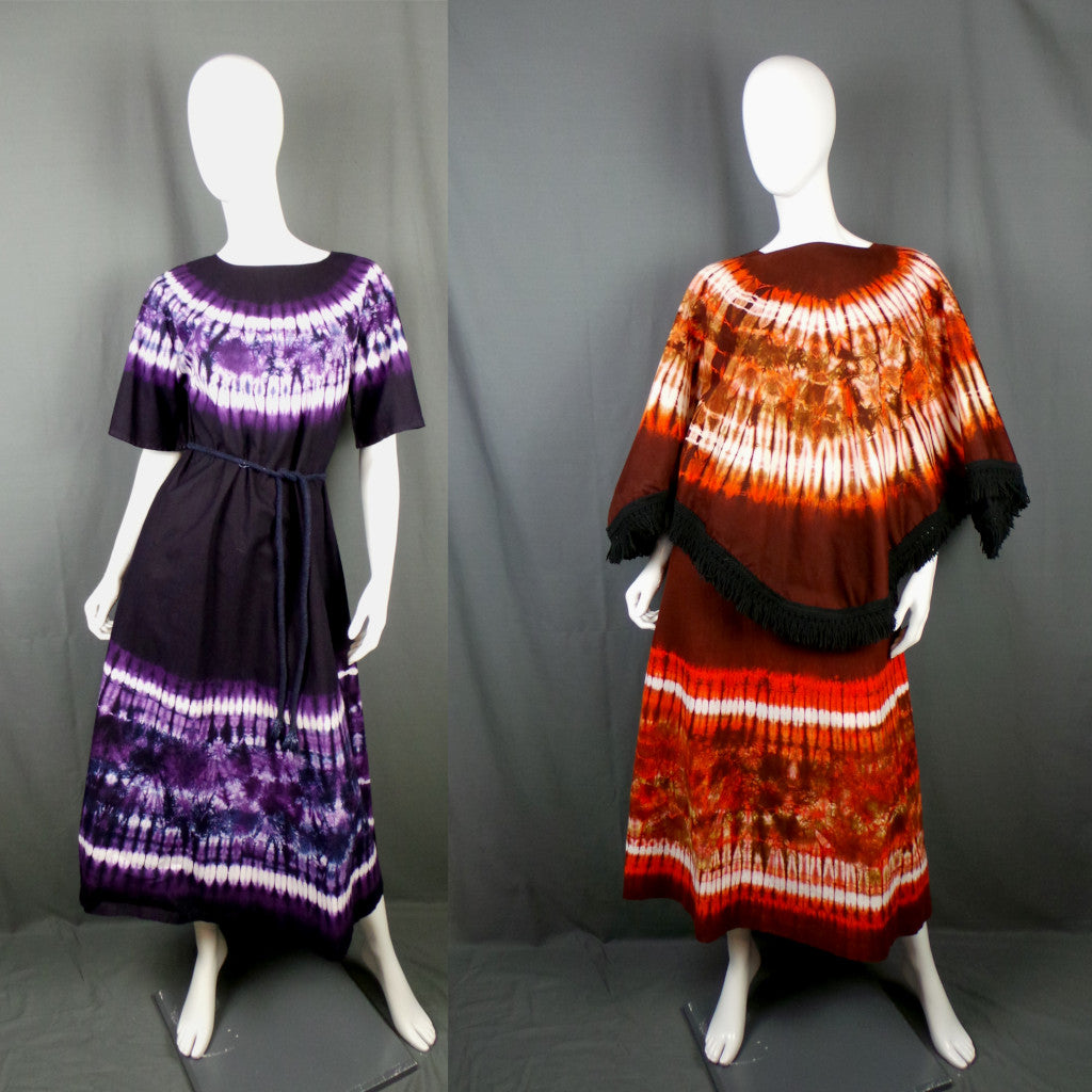 1960s Purple and Orange Tie Dye Matching Kaftans with Reversible Cape, 38in Bust