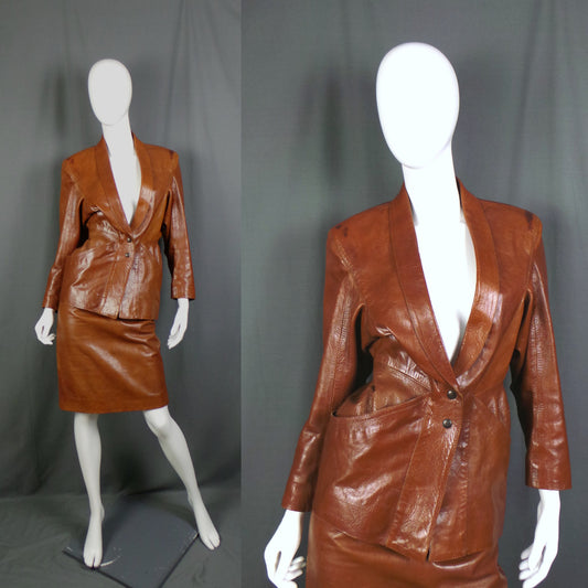 1980s Chestnut Brown Leather Power Suit, by Nevenka, 34in Bust, 26in Waist
