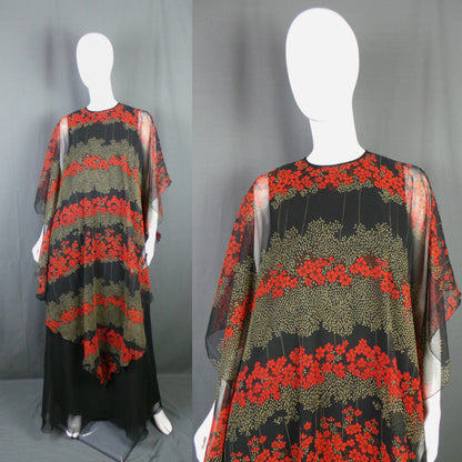 1970s Jean Varon Black Floral Vintage Cape Dress