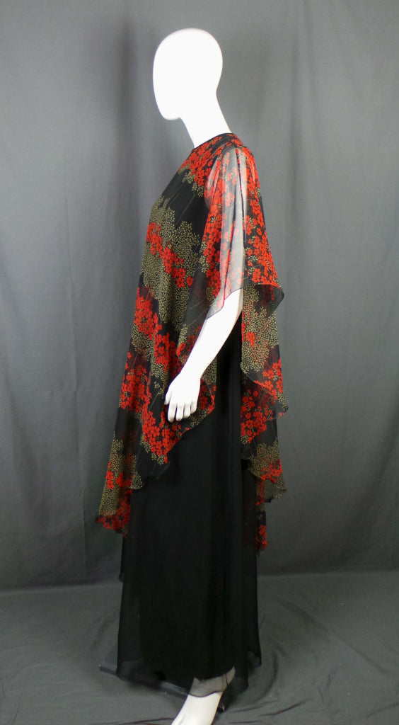 1970s Jean Varon Black Floral Cape Dress | L