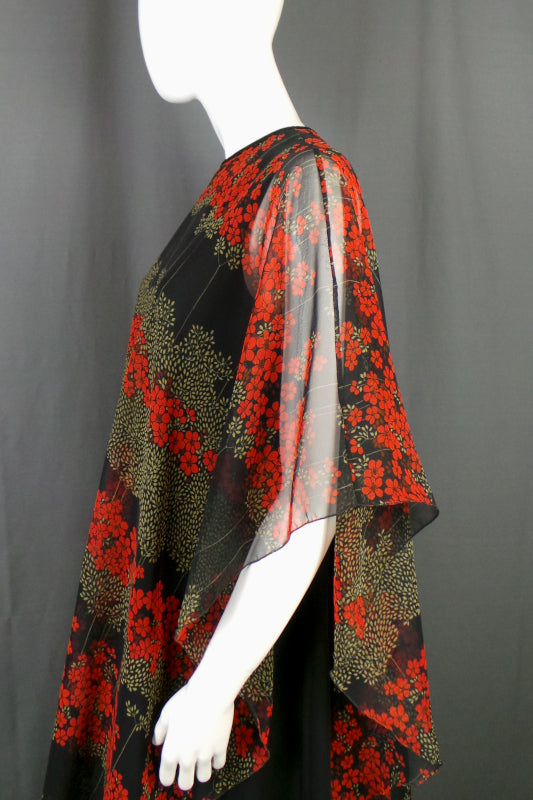 1970s Jean Varon Black Floral Cape Dress | L