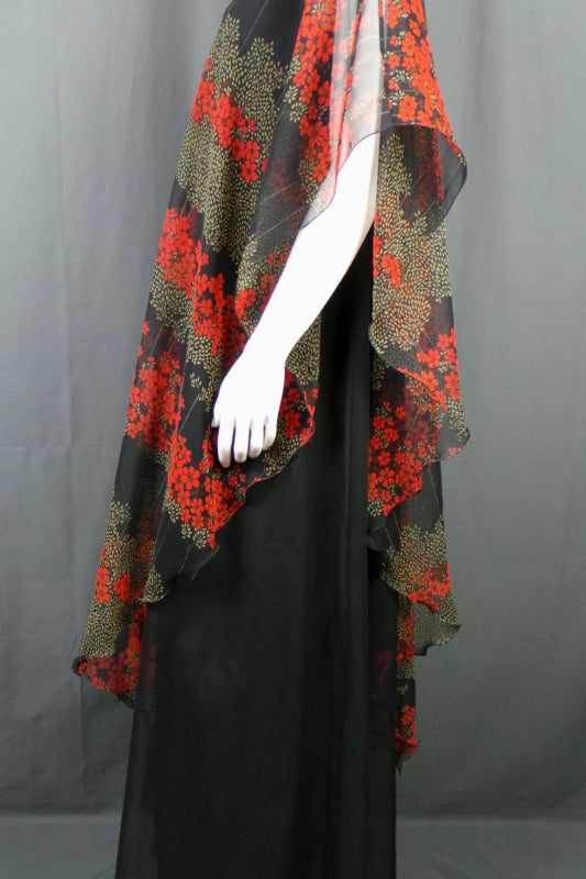 1970s Jean Varon Black Floral Cape Dress | L