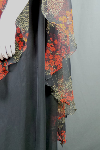 1970s Jean Varon Black Floral Cape Dress | L