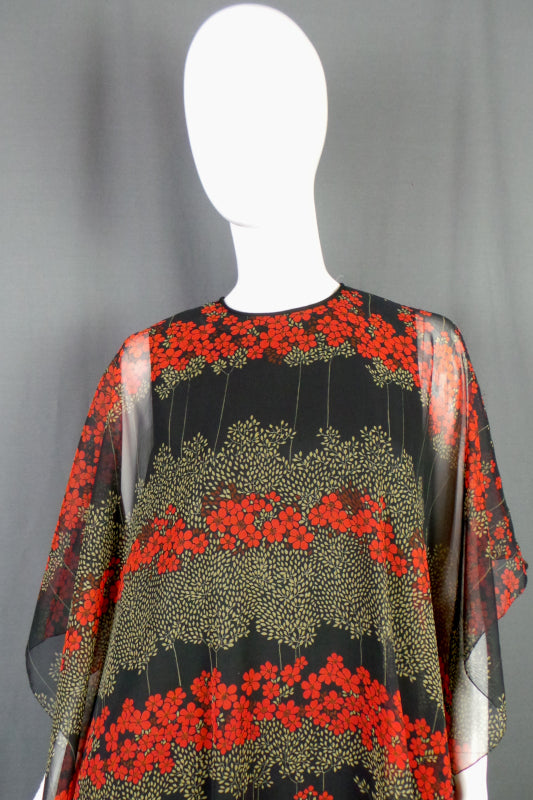 1970s Jean Varon Black Floral Cape Dress | L