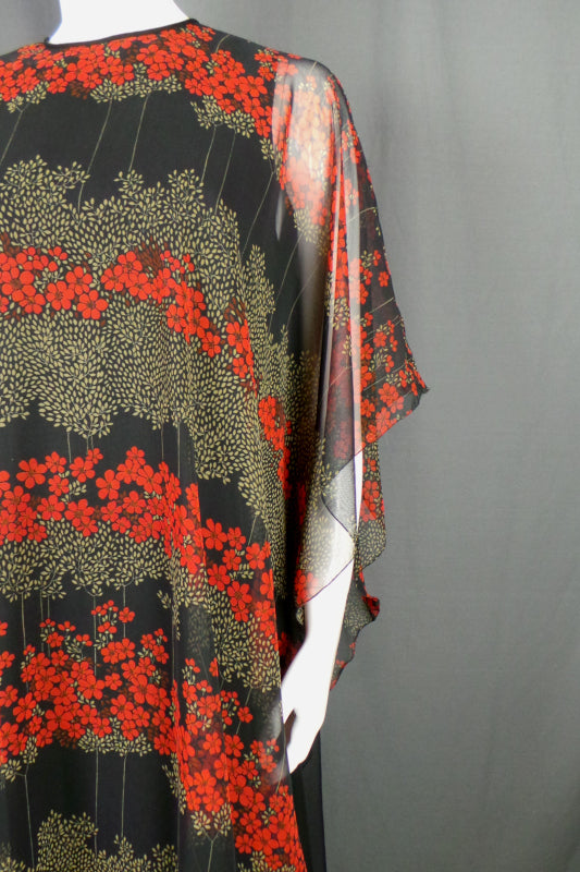 1970s Jean Varon Black Floral Cape Dress | L