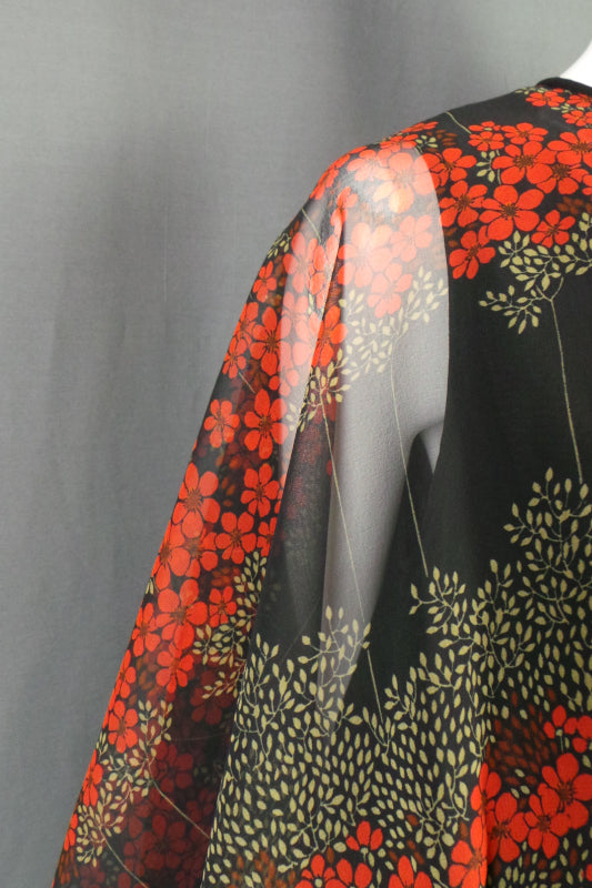 1970s Jean Varon Black Floral Cape Dress | L