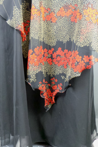 1970s Jean Varon Black Floral Cape Dress | L