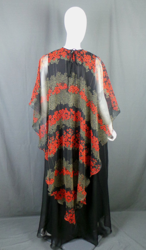 1970s Jean Varon Black Floral Cape Dress | L