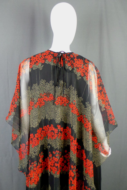 1970s Jean Varon Black Floral Cape Dress | L