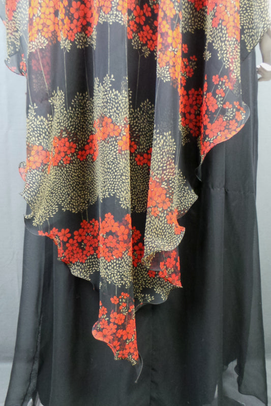 1970s Jean Varon Black Floral Cape Dress | L