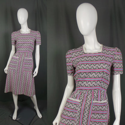 1930s Pink and Blue Pansies Floral Striped Cotton Dress, 36in Bust
