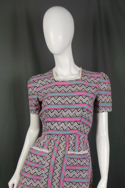 1930s Pink Blue Pansy Striped Dress | S