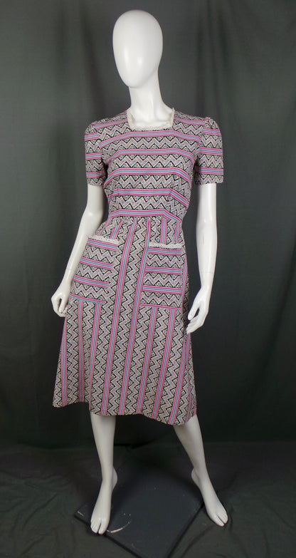 1930s Pink Blue Pansy Striped Vintage Dress