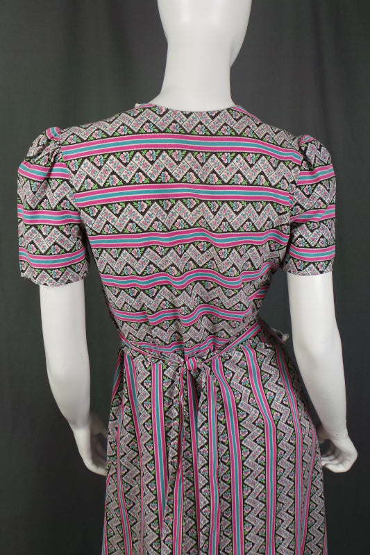 1930s Pink Blue Pansy Striped Dress | S