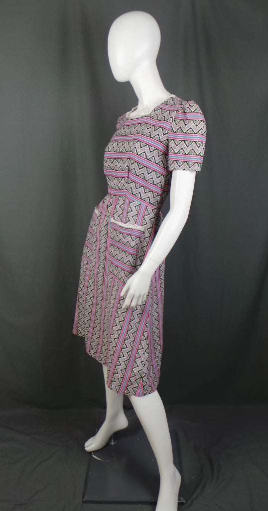 1930s Pink Blue Pansy Striped Dress | S