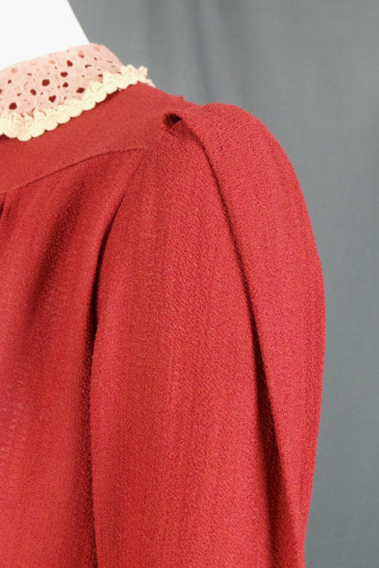 1930s Burgundy Peter Pan Collar Crepe Dress | M