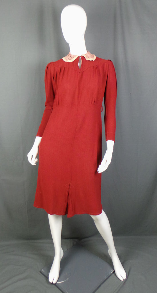 1930s Burgundy Peter Pan Collar Vintage Crepe Dress