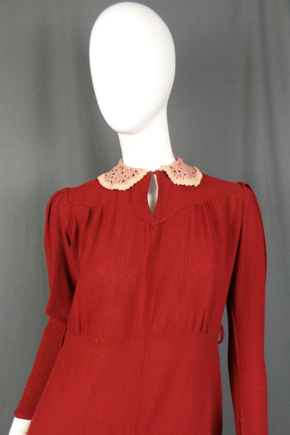 1930s Burgundy Lace Peter Pan Collar Crepe Dress, 42in Bust