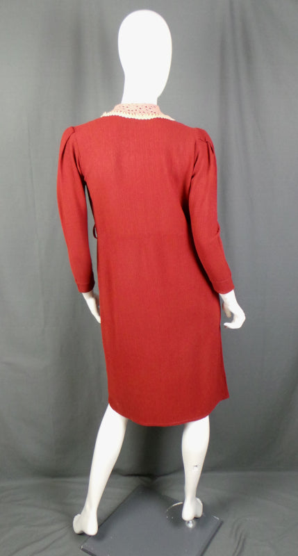 1930s Burgundy Peter Pan Collar Crepe Dress | M