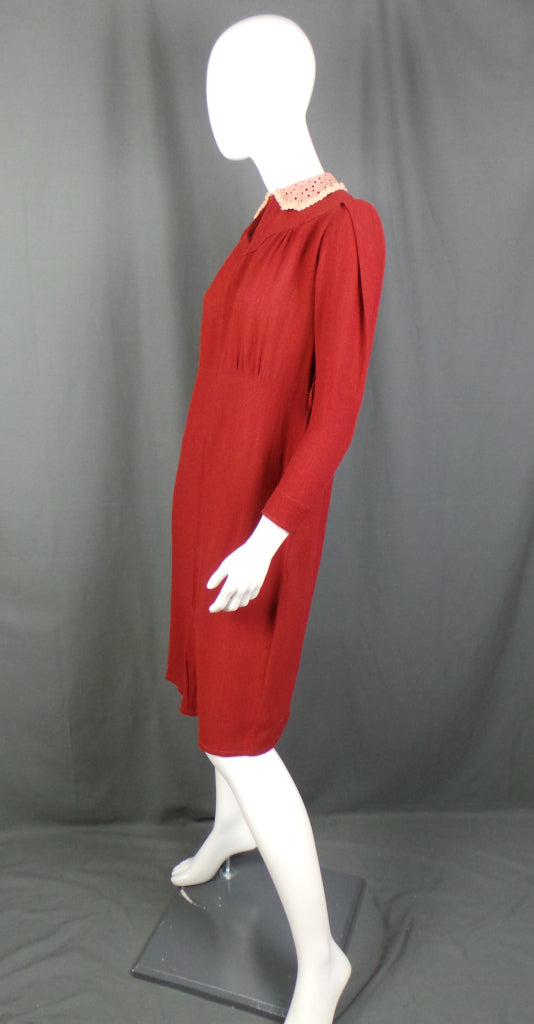 1930s Burgundy Peter Pan Collar Crepe Dress | M