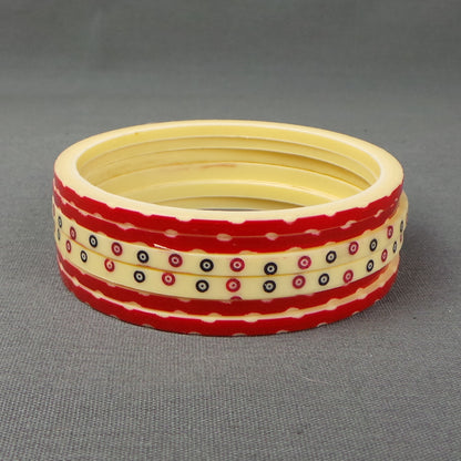 1940s Cream and Red Carved Vintage Bangle Stack