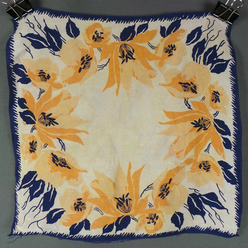 1940s Yellow and Blue Floral Silk Vintage Pocket Square