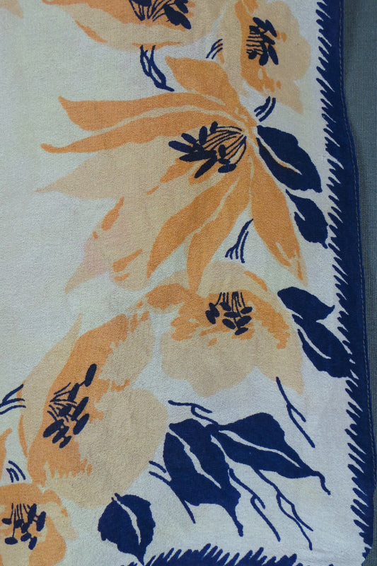 1940s Yellow and Blue Floral Silk Pocket Square
