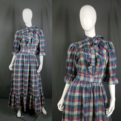 1980s Teal Burgundy Check Vintage Prairie Dress | Vera Mont