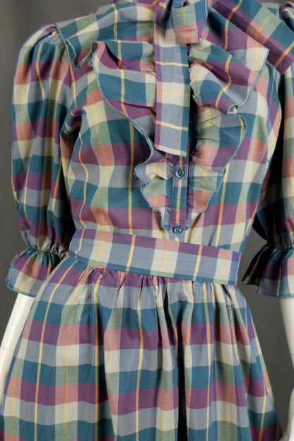 1980s Teal Burgundy Check Prairie Dress | Vera Mont | S