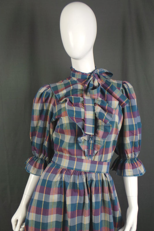 1980s Teal Burgundy Check Prairie Dress | Vera Mont | S