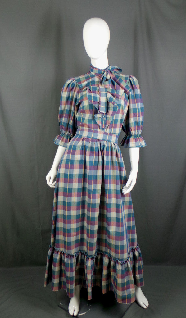 1980s Teal and Burgundy Check Prairie Dress, by Vera Mont, 36in Bust