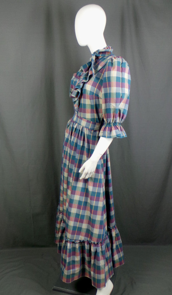 1980s Teal Burgundy Check Prairie Dress Vera Mont S