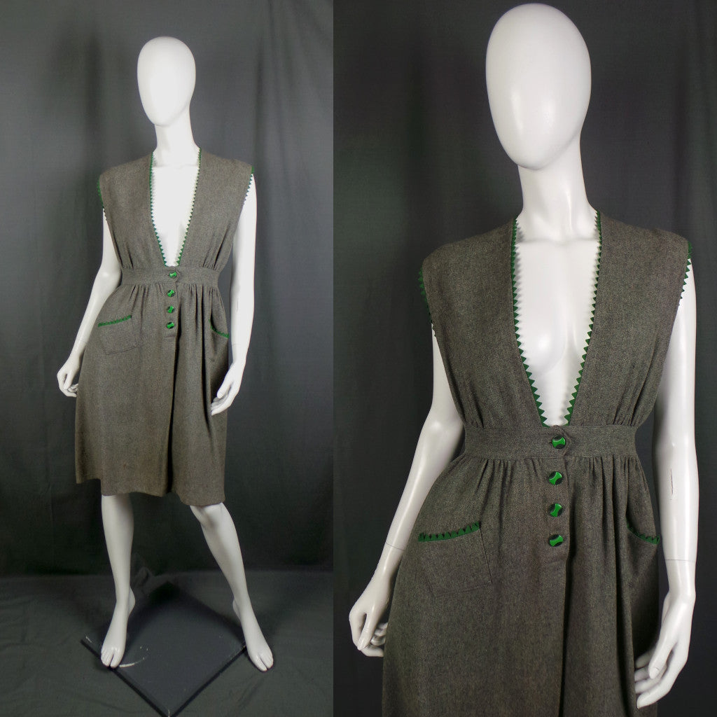1940s Slate Grey Woollen Pinafore Dress with Forest Green Trim, by Edith Linn, 28in Waist