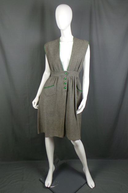 1940s Slate Grey Woollen Pinafore Dress with Forest Green Trim, by Edith Linn, 28in Waist