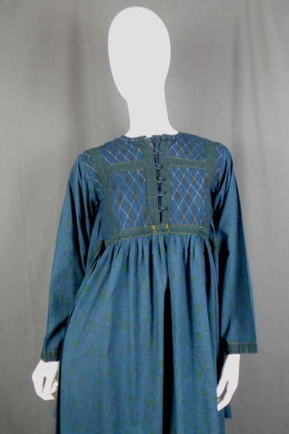 1960s Blue Indian Cotton Maxi Dress | S