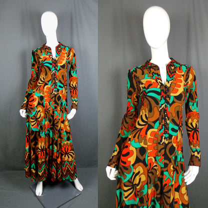 1970s Bright Geometric Print Winter Maxi Dress, 34in Bust