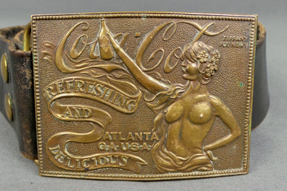 1960s Coca-Cola Brass Buckle Fake Tiffany Art Nouveau Leather Belt | XL
