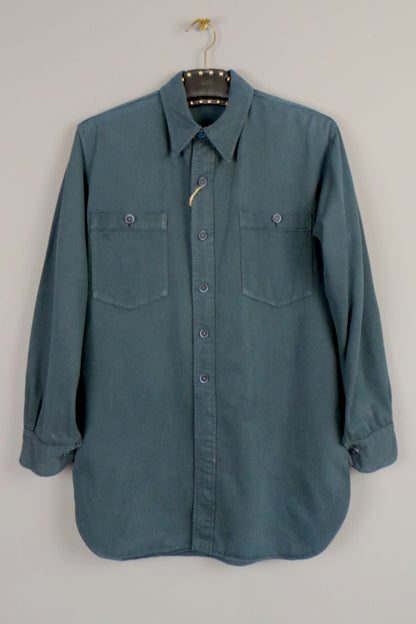 1960s Petrol Blue Cotton Work Wear Shirt, 43in Chest