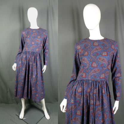 1980s Blue Paisley Brushed Cotton Vintage Dress