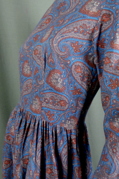 1980s Blue Paisley Brushed Cotton Dress | L
