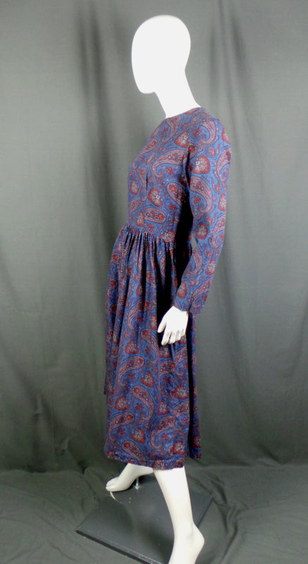 1980s Mid Blue and Red Paisley Gathered Waist Dress, 40in Bust