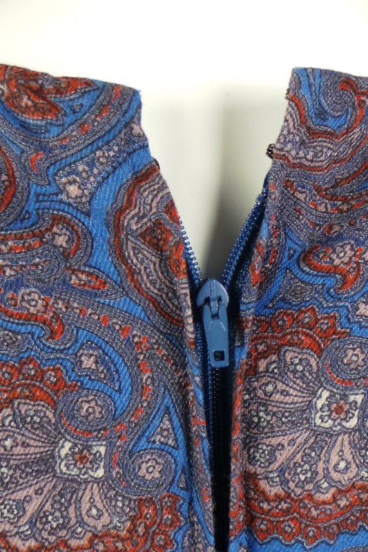 1980s Mid Blue and Red Paisley Gathered Waist Dress, 40in Bust