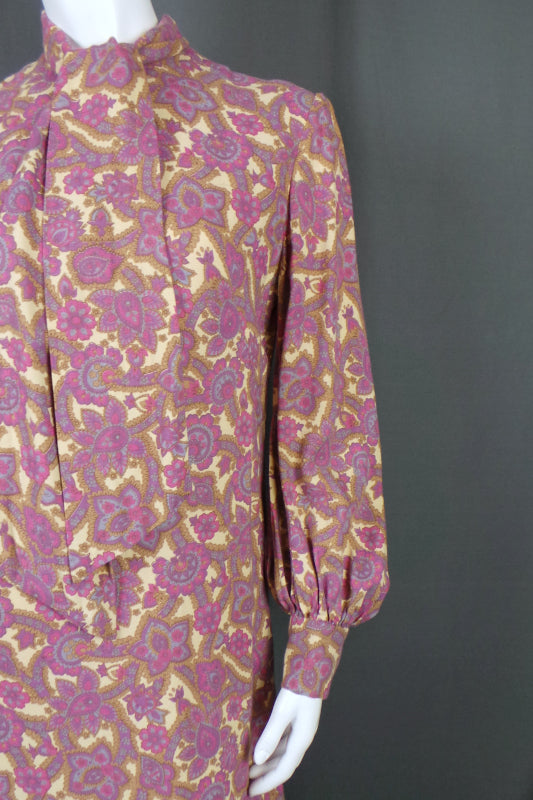 1960s Pink Paisley Scarf Neck Dress | XL