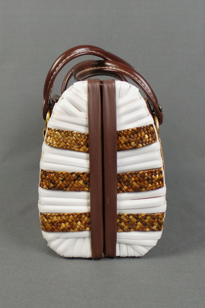 1960s White and Brown Basket Bag