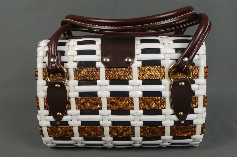 1960s White and Brown Basket Bag